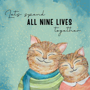 Kartica z ročno narisanim motivom mačjega para in sporočilom Let's spend all nine lives together.