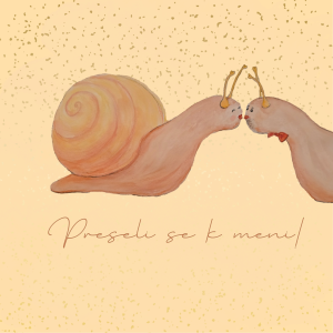 Sweet Notes kartica "Hiška" z ročno narisanim motivom polžkov in napisom "Preseli se k meni!".